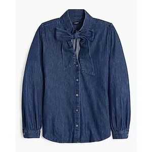 J.Crew Chambray Bow Neck Shirt Harbor Blue Wash BT255 FA23 Womens Large Preppy